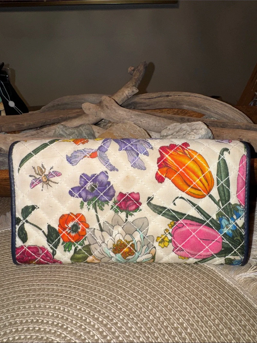 Gucci Floral Quilted Clutch with Navy Trim and Gold Hardware - Picture 2 of 8